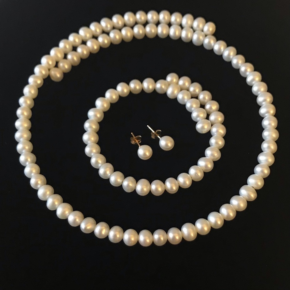 Real Pearl Jewelry Set Necklace Bracelet Earrings